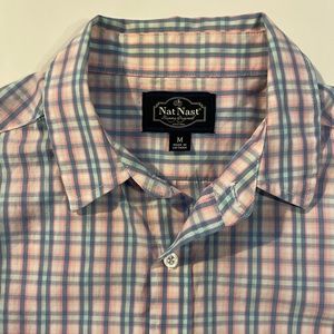 Nat Nast Mens Button Front Shirt Blue Pink Plaid Cotton Short Sleeve Size Medium